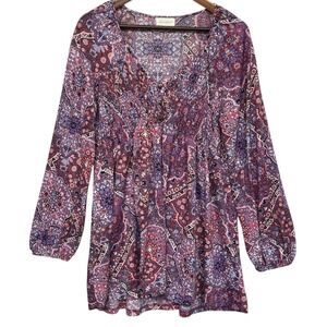 Melloday‎ Tunic Top Women L Purple Paisley Smocked Balloon Sleeve Boho Peasant